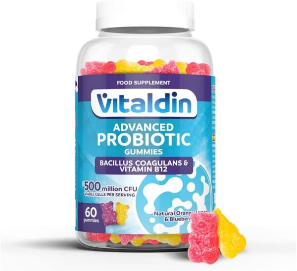 VITALDIN Probiótico gummies – 500 millones de cepas de Bacillus Coagulans por dosis + Vitamina B12 – 60 gominolas, sabor a Frutas – Flora Intestinal – Niños & Adultos