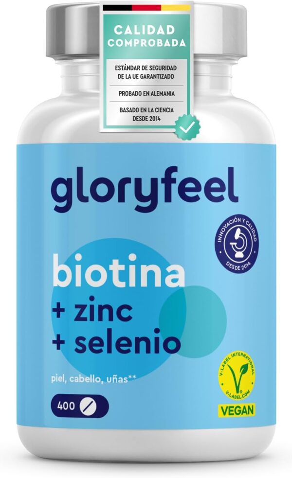 Biotina + Zinc + Selenio - 400 pastillas veganas (Suministro para 1+ año) - Vitaminas para el cabello - Apoya el crecimiento del pelo, fortalece la piel y las uñas - Sin aditivos