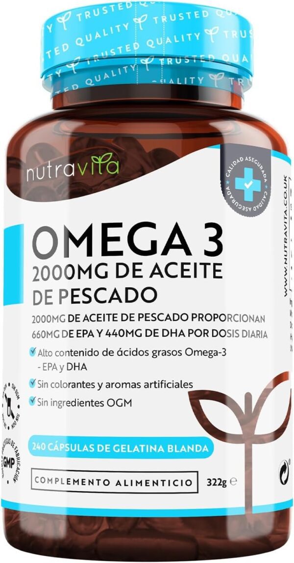 Superfuerza Omega 3 2000mg - 240 Capsulas Blandas de Gel. Máxima Concentración de DHA 440mg y EPA 660mg. Concentrado Aceite de Pescado para Colesterol - 4 Meses - Nutravita