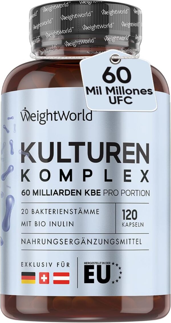 Probióticos y Prebióticos Intestinales con 60 Mil Millones de UFC 120 Cápsulas Veganas - Cultivo de 20 Cepas Bacterianas para Bienestar Interno y Equilibrio del Organismo, Para 2 Meses de Suministro
