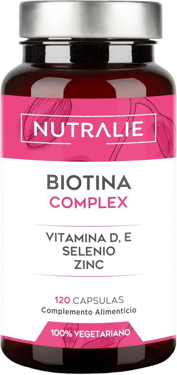 Biotina para el Cabello 10000mcg - Crecimiento Cabello Piel Uñas - Zinc + Selenio + Vitaminas E D para el Pelo - Con Vitamina E, D, Zinc y Selenio - 120 Cásulas 100% Vegetarianas Nutralie