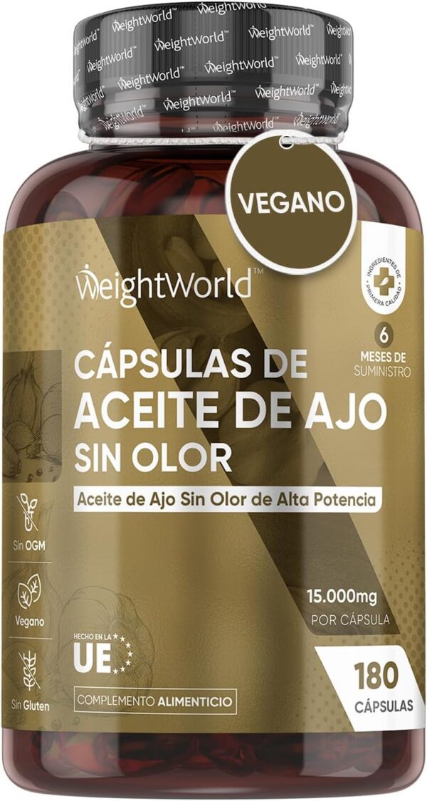 Cápsulas de Aceite de Ajo Puro Desodorizado 15000mg de Concentración 180 Cápsulas Blandas Veganas - Fuente Natural de Alicina (3mg) del Extracto de Aceite de Ajo, sin Olor ni Sabor para 6 Meses
