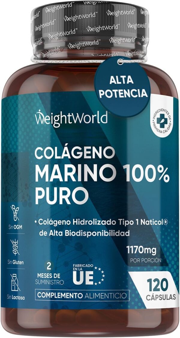 Colágeno Marino Hidrolizado 100% Puro 1170mg de Concentración 120 Cápsulas - Péptidos de Colágeno Tipo 1 Naticol Marino de Peces Salvajes, Sostenible y Sin Metales Pesados para 2 Meses de Suministro