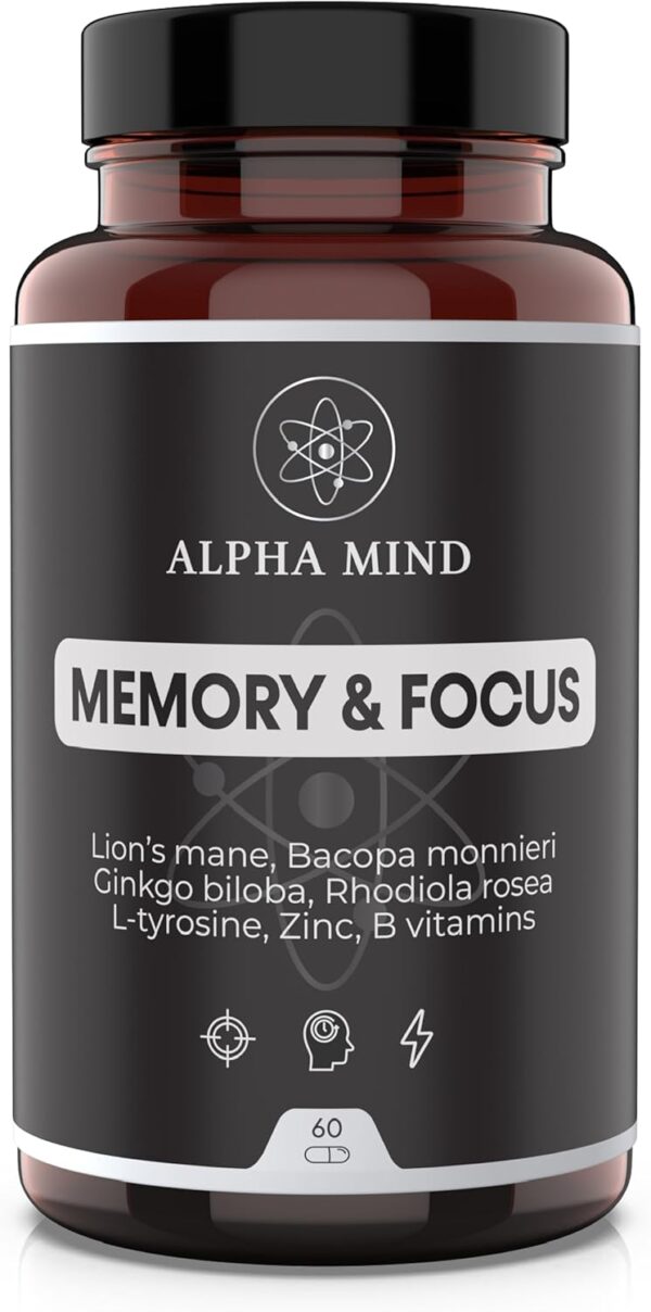 Nootropico Potente Natural - Concentración, Memoria, Agilidad mental - Con Melena de Leon, Bacopa Monnieri, Ginkgo biloba, Rhodiola Rosea, L tirosina, Zinc, Vitaminas B - Sin cafeína