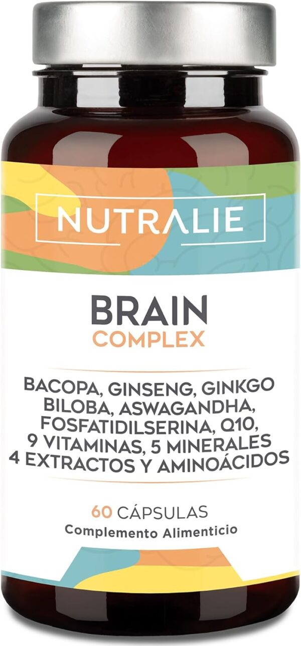 Nootropico Potente Natural - Memoria - Concentración - Energía - Agilidad Mental - Ginkgo Biloba, Bacopa Monnieri, Colina, L-Tirosina, Ginseng + Vitaminas - Brain Complex 60 Cápsulas Nutralie
