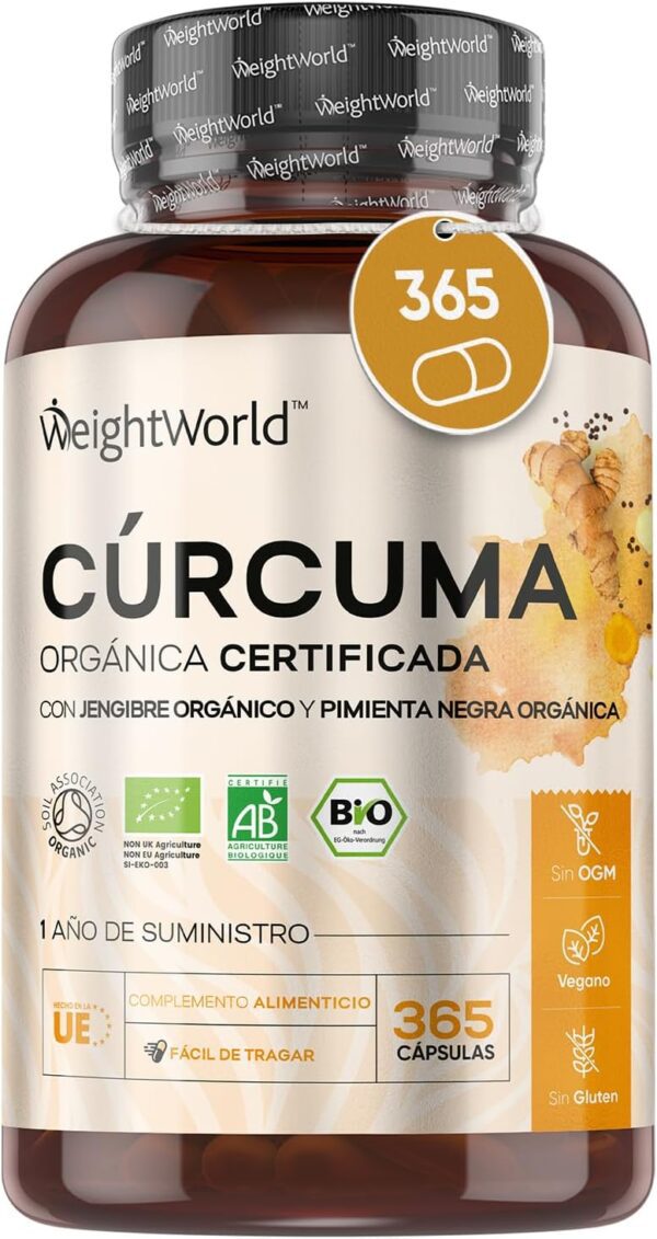 Cúrcuma con Pimienta Negra y Jengibre Orgánica - 365 Cápsulas - 1 Año de Suministro - Fuente Natural de Vitaminas y Minerales, Curcumina y Piperina - Apto para Veganos, Certificación Orgánica