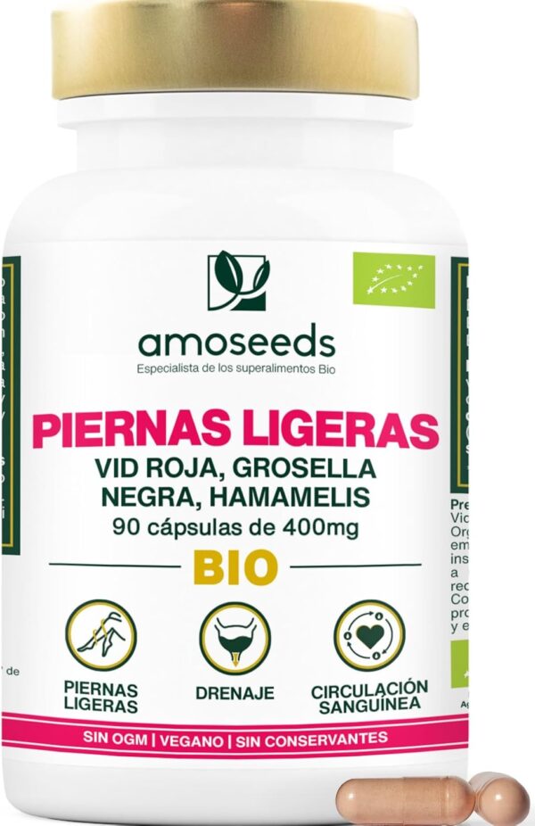 Piernas Ligeras BIO | 90 cápsulas, 100% Orgánico | Para Piernas Cansadas, Hinchadas, Circulación, Retención de Líquidos | Vid Roja, Grosella Negra, Hamamelis | Primera Calidad