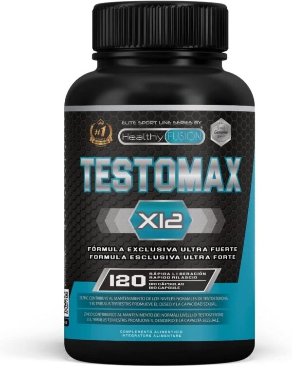 Healthy Fusion TestoMax | Booster de Testosterona Energizante | Maca, Ginseng, Tribulus, Taurina y Vitaminas | Aumenta la masa muscular | Acción quemagrasas y vigorizante | 120u