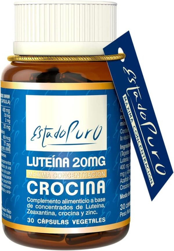 Luteína 20 mg Estado Puro - Con Zeaxantina + Crocina de Azafrán + Gluconato de Zinc - Fuente Natural de Carotenoides para Mejorar la Vista y la Salud de los Ojos - 30 Cápsulas Veganas de Tongil
