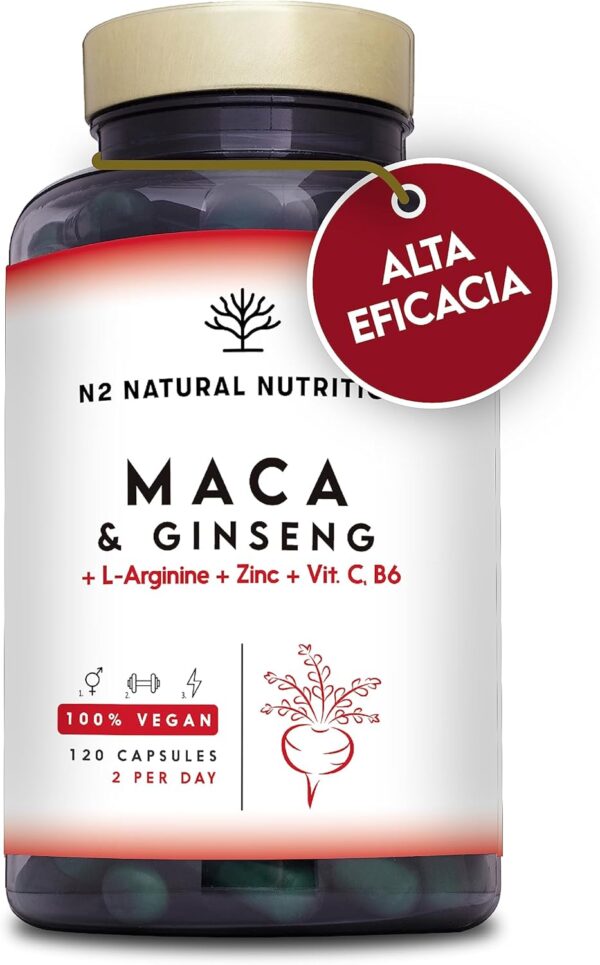 Maca Andina + Gingseng + L Arginina. Triple Energía. Zinc, Vitamina C y B. Rendimiento deportivo. Reduce Cansancio y Fatiga. Antioxidante. 120 cápsulas. CE. Vegano. N2 Natural Nutrition