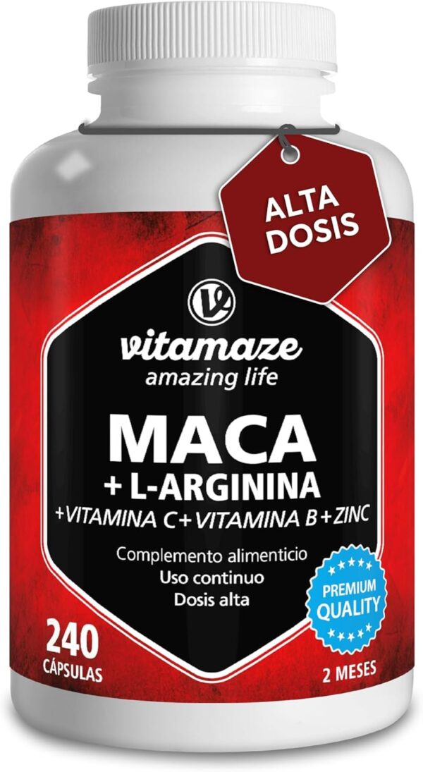 Triple Maca Negra, Amarilla y Roja - 4000mg de Maca Andina con L-Arginina + Vitamina C, B y Zinc - Fórmula para Vitalidad y Potencia Física - 240 Cápsulas de Calidad Alemana- Vitamaze