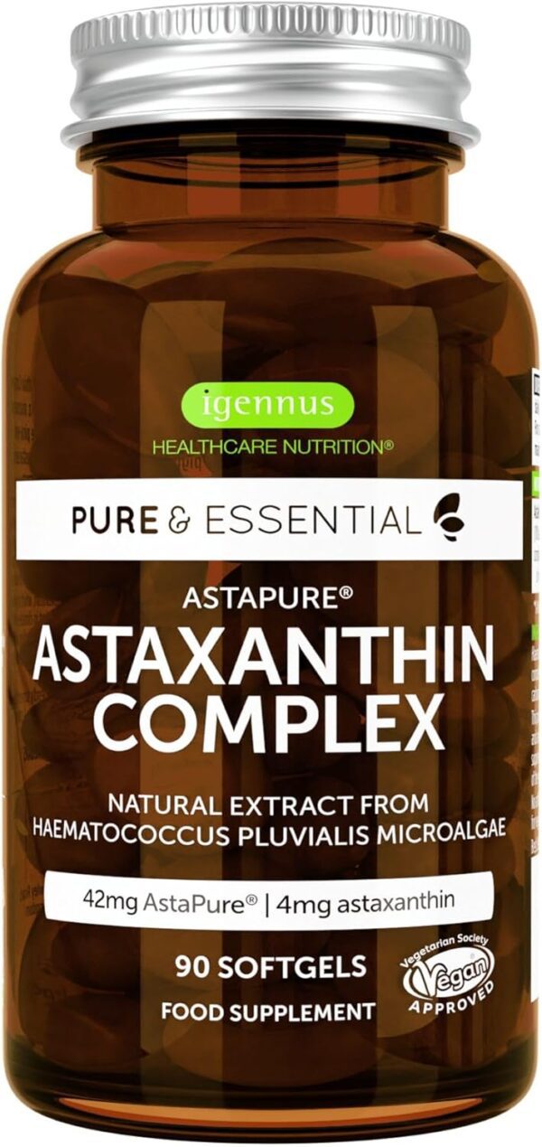 Astaxantina Natural, 42 mg, Potente Antioxidante, 90 Cápsulas Veganas, 3 Meses de Suministro, de Igennus