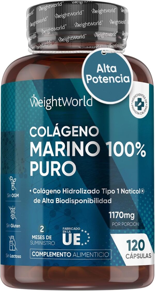 Colágeno Marino Hidrolizado 100% Puro 1170mg - 120 Cápsulas (Suministro para 2 Meses) - Colágeno Tipo 1 de Naticol Sin Metales Pesados - 100% Péptidos de Colágeno Marino Puro de Peces Salvajes