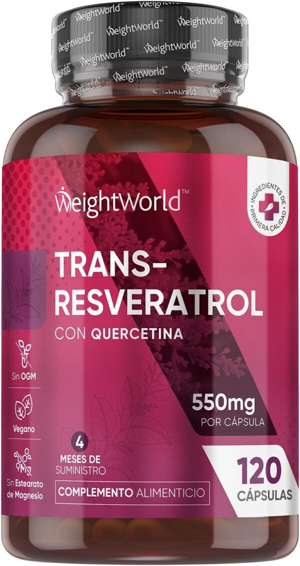 Trans Resveratrol con Quercetina 550mg - 120 Cápsulas - Fuente Natural de Antioxidantes de 98% de Knotweed Japonés y Sophora Japonica - 4 Meses de Suministro - Apto para Veganos y Sin Gluten