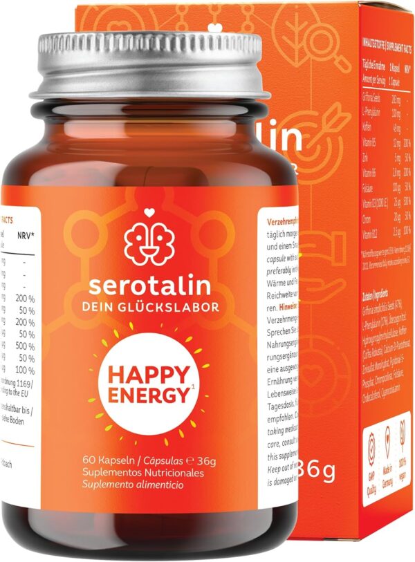 Serotalin® ORIGINAL CAPSULES - Para energía, motivación y concentración con Griffonia + Vitamina D3 + Fenilalanina I Vitamina B12, B6, Zinc, Cromo y Cafeína | 100% Vegano, 60 cápsulas para 2 meses